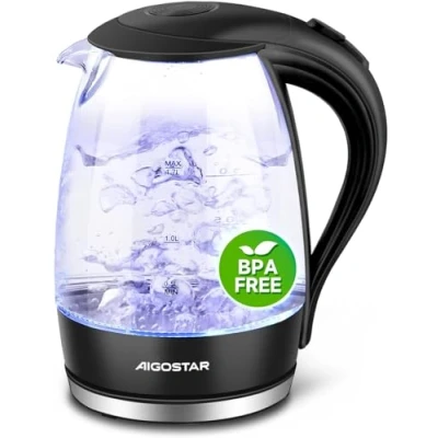 Immagine di Aigostar Adam Bollitore Acqua Elettrico in Vetro Borosilicato con LED, 1,7 litri, 2200W, Spegnimento Automatico, Filtro Anticalcare, Base di rotazione a 360 Acciaio Inox, Teiera Senza BPA Nero