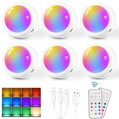 Immagine di Vankarr RGB Luce Sottopensile LED Ricaricabile USB Luci Armadio Senza Fili 13 Colori Dimmerabili con Telecomandi, per Scale, Vetrine, Armadietti, Camera, 6 pezzi