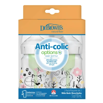 Immagine di Dr. Brown&#039;s Anti Colic Options+ Biberon a collo largo Designer Edition, Woodland Decos, 150 ml, tettarella livello 1, confezione da 2, 0m+