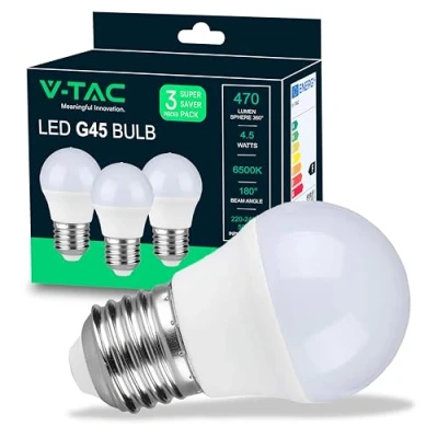 Immagine di V TAC Lampadina LED con Attacco E27 4,5W (Equivalenti a 40W) G45 470 Lumen Massima Efficienza e Risparmio Energetico Luce 6500K Bianca Fedda (Box 3 Pezzi)