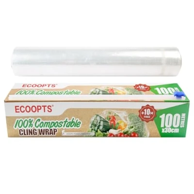 Immagine di ECOOPTS Pellicola trasparente 100% compostabile con taglierina scorrevole, priva di BPA e biodegradabile, adatta per microonde congelatore, 30 cm x 110 m