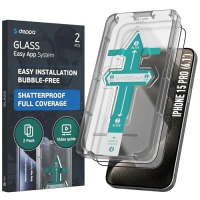 Immagine di Deppa [2 Pezzi Pellicola Vetro Temperato per iPhone 15 Pro (6.1&#039;) [a Copertura Totale] con Kit Installazione Facile Vetrino, Protezione, Proteggi, Schermo, Display, Accessori