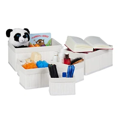 Immagine di Relaxdays Cestini Portaoggetti in Set da 6, Fodera Tessuto, Bambù, Contenitore Bagno o Armadio, Porta, Bianco