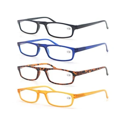 Immagine di MODFANS Confezione da 4 Occhiali Lettura 3.0 per Uomo/Donna, Cerniera a Molla,Leggera,Visione Chiara,Lente Trasparente con Custodia,Colore Nero Blu Marrone Giallo