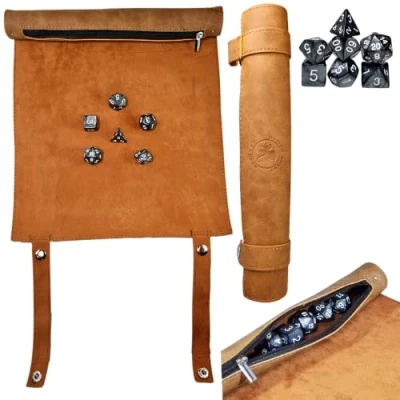Immagine di Power Beast Dungeon 2 in 1 Borsa Porta Dadi e Tavola dadi, Vassoio con set di +7 Pezzi Inclusi, D&amp;D, Dungeons and Dragons, DND, RPG, Giochi Ruolo. (MARRON)