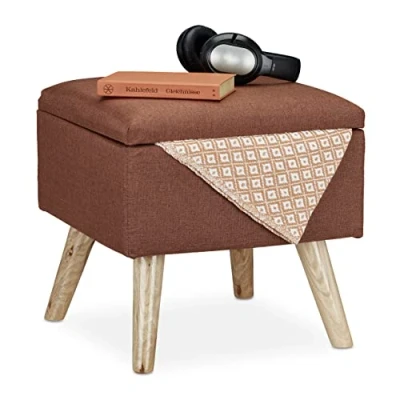 Immagine di Relaxdays Sgabello con Contenitore, Rivestimento in Lino Sintetico, Gambe Legno e Coperchio, HLP 40x40x40 cm, Marrone