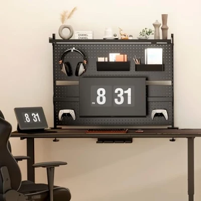 Immagine di EUREKA ERGONOMIC pannello forato da scrivania, in acciaio con supporto per doppio monitor, accessori scrivania computer, privacy gioco