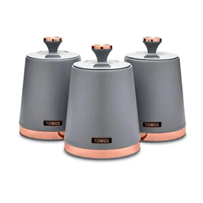Immagine di Tower T826131GRY Cavaletto Set di 3 contenitori da Cucina, per tè, caffè e Zucchero, in Acciaio al Carbonio Resistente, Colore: Grigio, Canister Set, unità