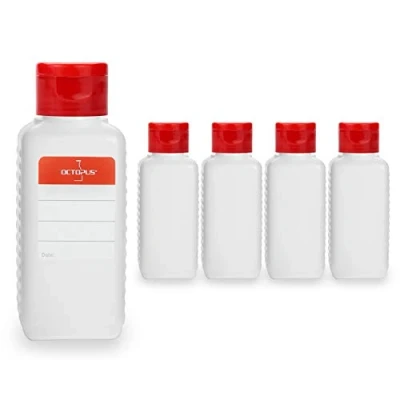 Immagine di Octopus 5 flaconi di plastica 100 ml, bottigliette HPDE con Tappo Flip Top Rosso, Bottiglie a Cerniera Quadrati Etichette adesive