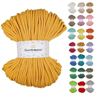 Immagine di Sznurkomania Cavo di Cotone Intrecciato 5mm 100m, 46 Colori, all&#039;Uncinetto, Macrame, Filato Premium, Corda (Giallo)