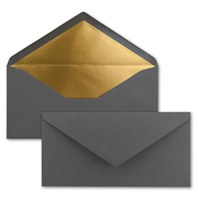 Immagine di 50x Buste formato lunghe Colore: antracite con rivestimento interno metallizzato oro 110 x 220 mm Colla a umido festive per Natale