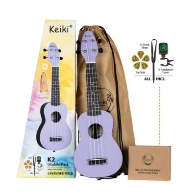 Immagine di Ortega Guitars Soprano Ukulele viola Keiki K2 Starter Kit include Accordatore, Tracolla, 5 Plettri Medi e Borsa con Coulisse pastel/lavender field (K2 LAF)