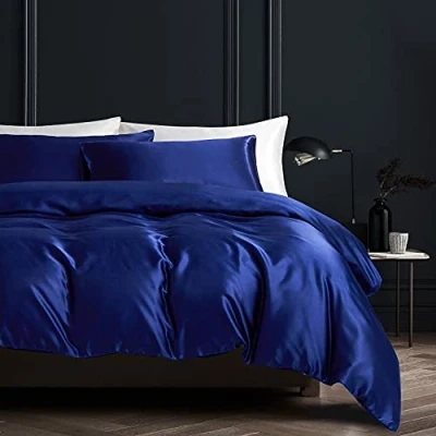 Immagine di Gezu set di copripiumino 240 x 260 cm, in raso blu, tinta unita, da letto per 2 persone, seta liscia e setosa, lucida, morbida, con federe 65 chiusura lampo