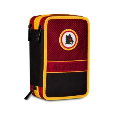 Immagine di Seven AS Roma Astuccio Scuola 3 Zip Calcio, Rosso, Portapenne Triplo Scomparto Completo Di Penne, Matite, Colori, Elementare, Bambino