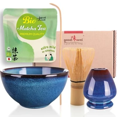 Immagine di Goodwei Set di Matcha Completo Tazza Cerimoniale con frusta e cucchiaio incl. Tè Biologico Giapponese (Safaia)