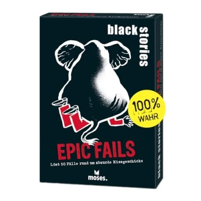 Immagine di moses Black Stories Epic Fails 50 Casi Reali per disavventure assurde, Carte Krimi nel Nuovo Design con Due Varianti, Gioco di Puzzle Ragazzi e Adulti, Colore Bianco, 90053