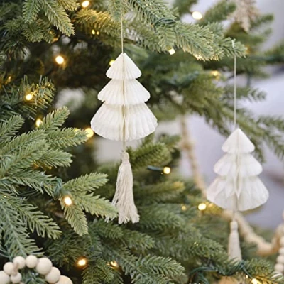 Immagine di Ginger Ray NN 142 Decorazioni per albero di Natale a nido d&#039;ape, con nappe macramè, confezione da 4, 10 m, colore: Crema