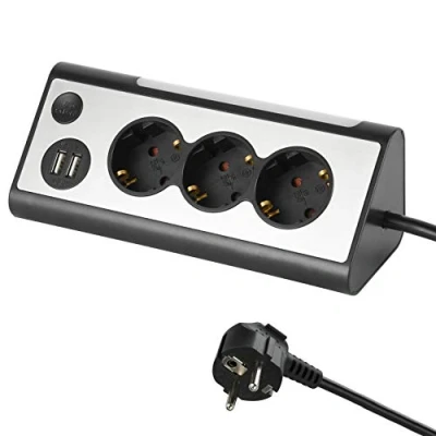 Immagine di Electraline 62512 Multipresa ad Angolo Multifunzione con 3 Prese Schuko/Tedesca, 2 Porte USB Interruttore Luce Notturna LED On/Off, Cavo 1.5 Metri, Nero