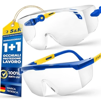 Immagine di S&amp;R Sovraocchiali e Occhiali Protettivi da Lavoro 2 PAIA. Certificati in Italia EN 166, ANSI Z87.1 di Sicurezza Policarbinato anti UV Antigraffio. Set Resistente Leggero.
