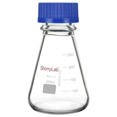 Immagine di stonylab Matraccio Erlenmeyer con Tappo Avvitato Blu, Conico in Vetro Borosilicato Graduato per Laboratorio, 250 ml