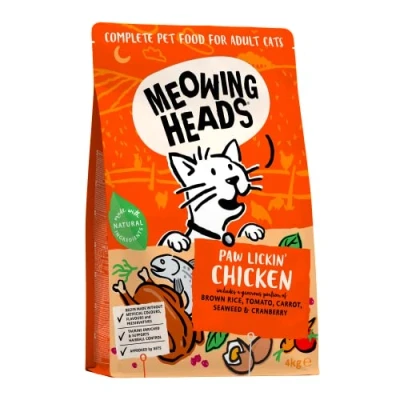 Immagine di Meowing Heads Cibo secco per gatti, Paw Lickin&#039; Chickin, pollo e pesce 100% naturali senza aromi artificiali, ottimo una sana digestione, 4 kg, la confezione può variare