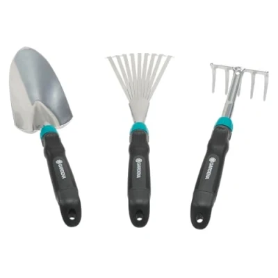 Immagine di Gardena 8964 60 Set di Piccoli Attrezzi Comfort, Ideale per Aiuole e Balconi Composto da Cazzuola Fiori, Piccola Scopa Rastrello Metallico, Turchese, Nero