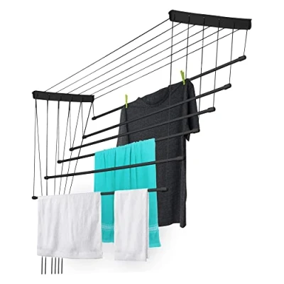 Immagine di KADAX Stendibiancheria da Soffitto in Acciaio Rivestito Polietilene, Stendino con Design Salvaspazio e Capacità di Carico 12 kg (Nero, 6 x 100)