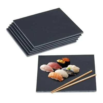 Immagine di Relaxdays Set di 6 Piatti da Portata in Ardesia, Vassoi Quadrati 25x25 cm, Servire Sushi, Salumi e Formaggi, Nero