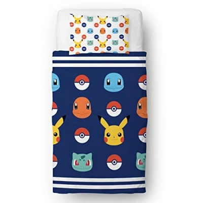 Immagine di Pokemon set copripiumino singolo per bambini, con licenza ufficiale, design distintivi Pikachu reversibile su 2 lati, federa coordinata, da letto Character World Brands