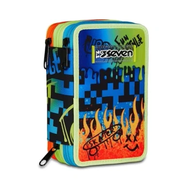 Immagine di Seven Astuccio Scuola 3 Zip, Blu, Portapenne Triplo Scomparto Completo Di Penne, Matite, Colori, Accessori Zaino, Elementare, Bambino
