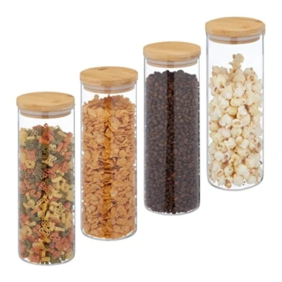 Immagine di Relaxdays Set da 4 Barattoli per Alimenti con Coperchio in bambù, Recipienti Vetro, 1600 ml, Trasparente Naturale, 60% 30% 10% Silicone