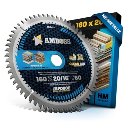 Immagine di HM lama per sega circolare 160 x 20 16 Z60 dentata piatta trapezoidale alluminio. AMBOSS WERKZEUGE® mm + anello riduttore mm. compatibile con Festool TS 55 F. TSC