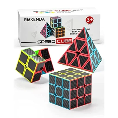 Immagine di ROXENDA Speed Cube Set, [3 Pezzi] Qiyi Set con Cubo Magico di 2x2 3x3 Piramide, Durevole e Colori Vividi Tornitura Facile Giocare Liscio (Carbon Fiber)