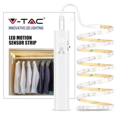 Immagine di V TAC VT 8082 Strip LED SMD2835 2,4W Bobina 1m 30 LED/m 6V a Batteria con Sensore dimovimento 3000K IP65