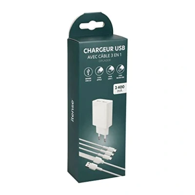 Immagine di ITENSE Doppio caricatore USB con cavo 3 in 1 Lunghezza cavo: 1m Compatibile Apple, C e Micro Ricarica rapida Ingresso: AC 100 240 V, 50/60 Hz, 0.4A Uscita USB: DC 5 V/2400 mA