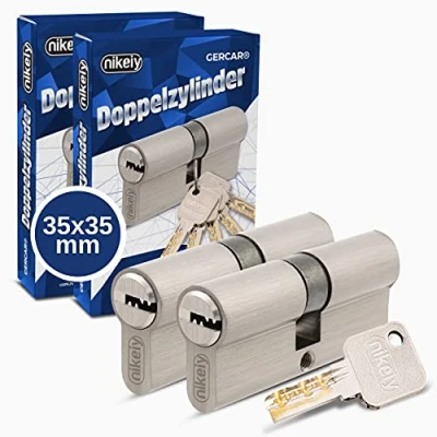 Immagine di GERCAR Doppio cilindro profilato, 35/35, struttura massiccia, con chiave unica, in ottone opaco, incluse 10 chiavi reversibili, lunghezza: 70 mm, A:35 B:35, set da 2 pezzi