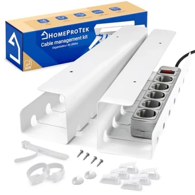 Immagine di HOMEPROTEK passacavi scrivania per una gestione dei cavi ordinata, set di 2 bianchi supporto cavo con montaggio semplice, 43 x 10 cm Organizzatore cavi, ufficio a