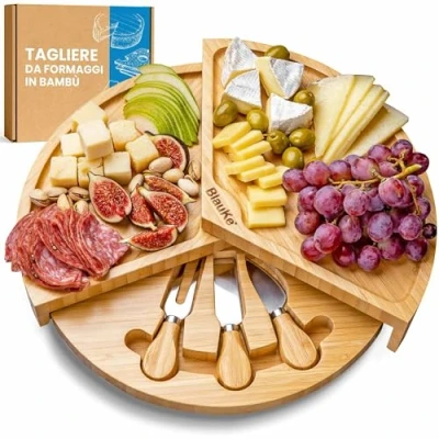 Immagine di Tagliere per Formaggi e Set di Coltelli Formaggio in Legno Aperitivo o Salumi Accessori Bamboo Vassoio da Portata Girevole 37cm Idee Regalo