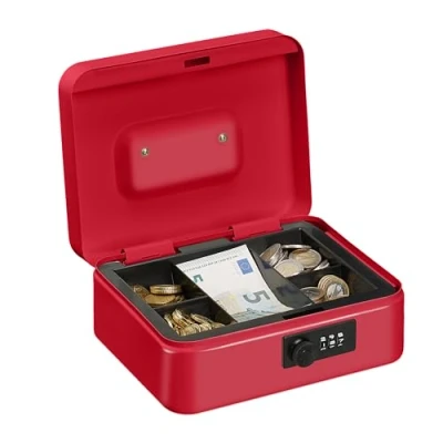 Immagine di Relaxdays Cassetta con Combinazione, 3 Cifre, Porta Soldi, Valigetta in Ferro, Portavalori, 8,5x20x17 cm, Rosso, Acciaio