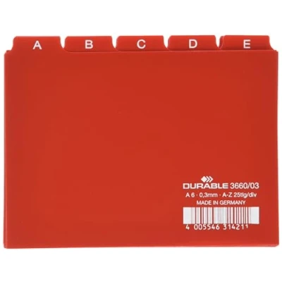 Immagine di Durable 366003 Divisore alfabetico per schedario, f.to A6, con etichette prestampate (A Z), rosso, confezione da 25 pezzi