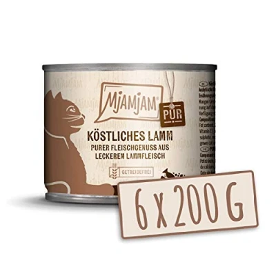 Immagine di MjAMjAM cibo umido premium per gatti puro piacere della carne delizioso agnello, confezione da 6 (6 x 200 g), senza cereali con extra