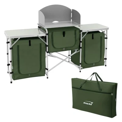 Immagine di Hauki Cucina da Campeggio Mobile e Pieghevole Barbecue Esterno con 3 Piani Telaio in Alluminio Paraspruzzi Frangivento Vani per Utensili Accessori Borsa Trasporto Tessuto Kaki
