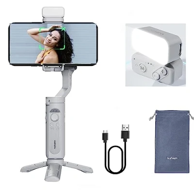 Immagine di hohem iSteady XE KIT Stabilizzatore cardanico per smartphone a 3 assi con luce iPhone Android Phone Vlog YouTube Live Video Record Gimbla piegato, grigio Combo