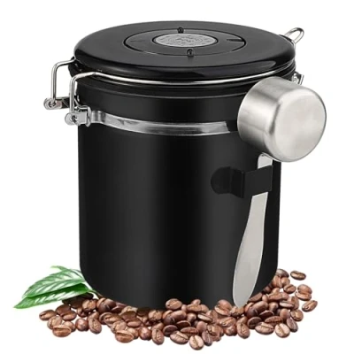 Immagine di Hisdricus Barattolo Caffe (1,5L), Contenitore Ermetico caffè, Materiale In Acciaio Inossidabile, con cucchiaio incluso,adatto per conservare chicchi di spezie, tè e noci (Nero)