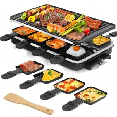 Immagine di LeuKoles Griglia per Raclette, Raclette 8 Persone, 1300W Elettrica Antiaderente Reversibile con Padelline Formaggio in Miniatura e 1 Spatola di Legno, Barbecue al Chiuso