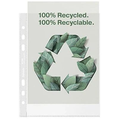 Immagine di Esselte Buste Perforate Riciclate Office in PPL Antiriflesso, per Archiviare Documenti Formato A5, Confezione da 100 Plastica Riciclata al 100% e 627495