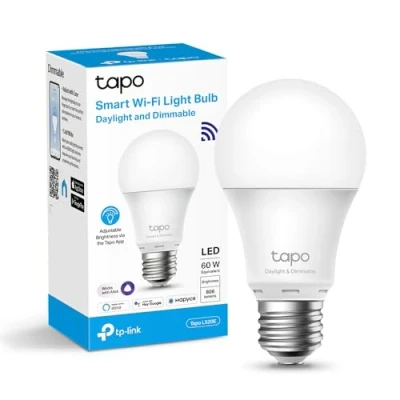Immagine di TP Link Tapo L520E Lampadina Wi Fi E27, Monitoraggio Energia, Funziona con Amazon Alexa e Google Home, Luce Diurna Dimmerabile Dall&#039;1% al 100%, 4000 K, 806 Lumen, 8W, Telecomando APP, Bianco