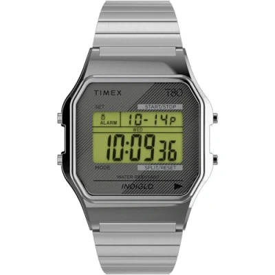 Immagine di Timex Orologio unisex T80 da 34 mm, cinturino elastico in acciaio inox, quadrante digitale, cassa argentata TW2R79100