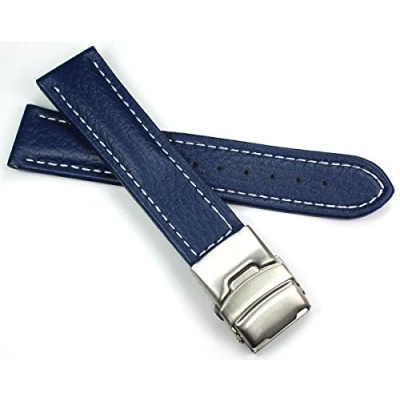 Immagine di Sulla 22 mm cinturino in vera pelle con fibbia deployante acciaio inox, cuciture bianche Blu medio, marino., 22mm, cinghia