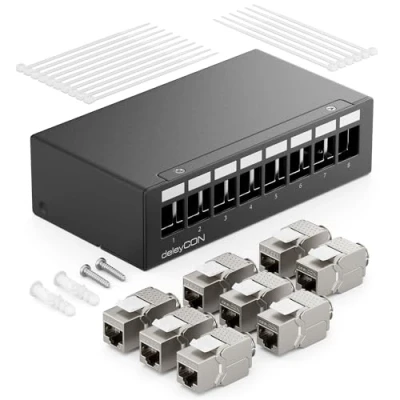 Immagine di deleyCON Patch Panel 8 Porte Set Sezionatore 1RU + Moduli Keystone Jack RJ45 STP CAT6a Compatibile con Cavo di Installazione CAT5 CAT6 CAT7 Rete Ethernet LAN DSL Nero
